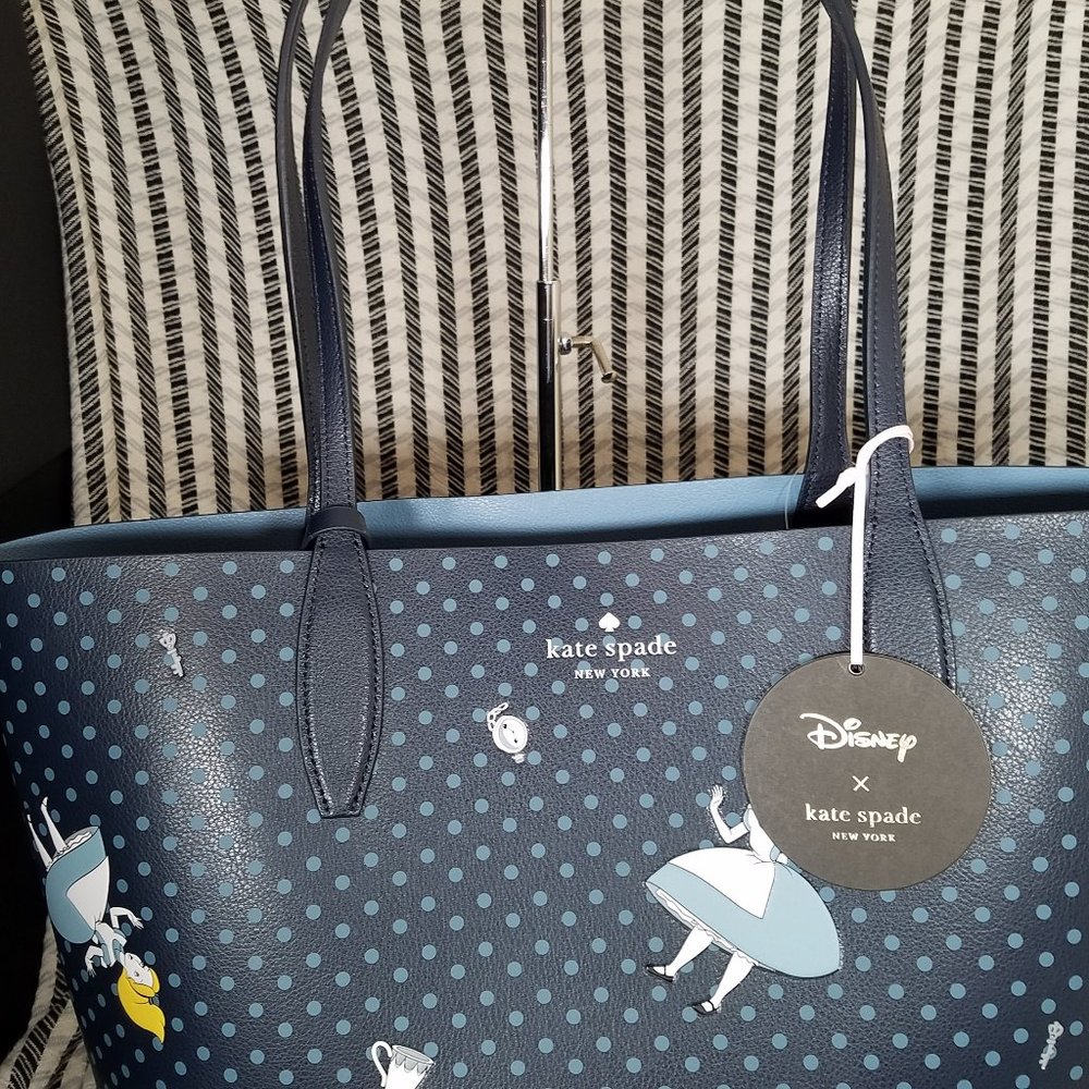 MAKE AN OFFER kate spade alice polka dot white reversible tote blue new with tag - Picture 7 of 7